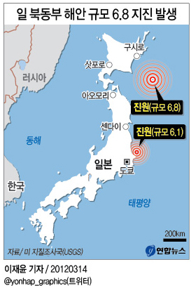 <그래픽> 일 북동부 해안 규모 6.8 지진 발생(종합)