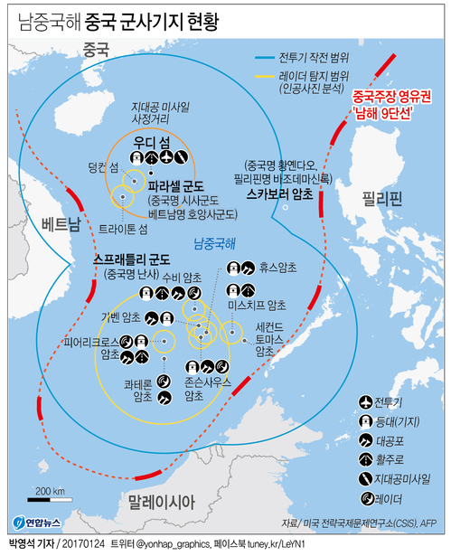 [그래픽] 남중국해 중국 군사기지 현황