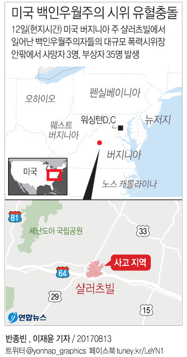 美백인우월주의 폭력 시위…차량돌진·헬리콥터 추락에 3명 사망 - 1