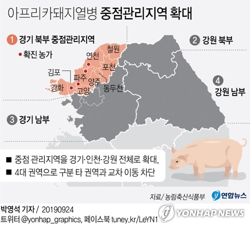 "돼지열병 중점관리 경기·인천·강원 확대…전국 이동중지명령" - 2