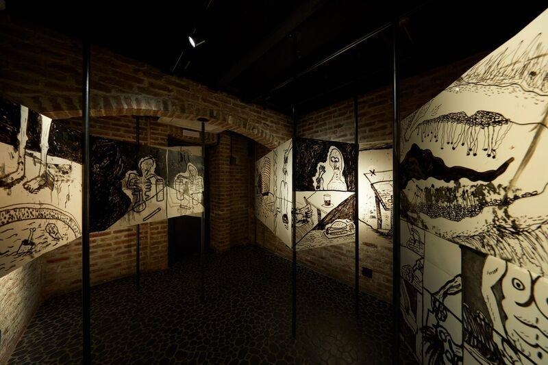 The photo provided by Arario Museum in Space on March 17, 2017, shows Sim Rae's drawings on display at the museum. (Yonhap)