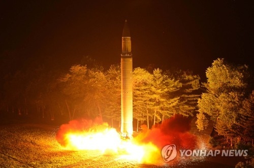 This photo carried by North Korea's state news agency on July 29, 2017, shows North Korea's firing of an intercontinental ballistic missile a day earlier. (For Use Only in the Republic of Korea. No Redistribution) (Yonhap)