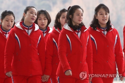 This photo, taken Feb. 19, 2018, shows North Korean female cheerleaders at their accommodation in Inje, 165 kilometers east of Seoul. (Yonhap)