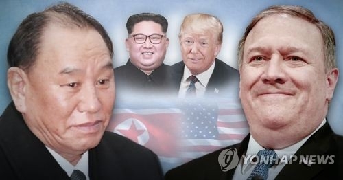 This graphic image, using file photos from the AP and EPA, shows (from L to R) Kim Yong-chol, vice chairman of North Korea's ruling Workers' Party's Central Committee, North Korean leader Kim Jong-un, U.S. President Donald Trump and U.S. Secretary of State Mike Pompeo. (Yonhap) 