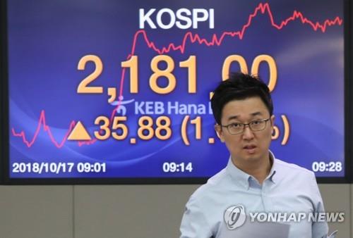 A dealer is shown in front of a KOSPI chart at KEB Hana Bank in Seoul on Oct. 17, 2018. (Yonhap)