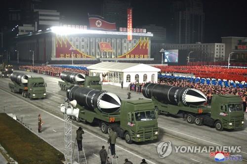 This photo released by North Korea's Korean Central News Agency on Jan. 15, 2021, shows submarine-launched ballistic missiles displayed during a military parade held in Pyongyang the previous day. (For Use Only in the Republic of Korea. No Redistribution) (Yonhap)
