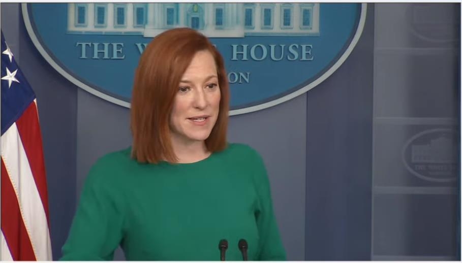 The captured image from the website of the White House shows spokeswoman Jen Psaki answering questions in a press briefing at the White House in Washington on March 15, 2021. (PHOTO NOT FOR SALE) (Yonhap)