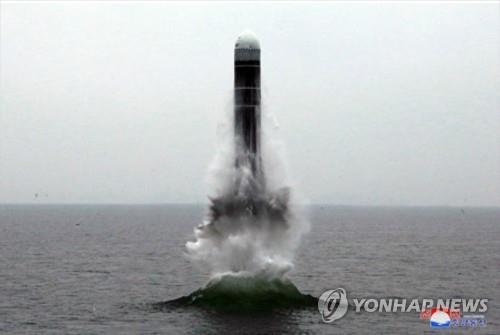 This photo, released by North Korea's official Korean Central News Agency on Oct. 3, 2019, shows the North's testing of a submarine launched ballistic missile. (For Use Only in the Republic of Korea. No Redistribution) (Yonhap)