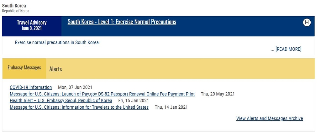The captured image of the website of the U.S. Department of State shows the latest U.S. travel advisory for South Korea, updated on June 8, 2021, that advises U.S. citizens traveling to the Asian country to exercise normal precaution. (PHOTO NOT FOR SALE) (Yonhap)