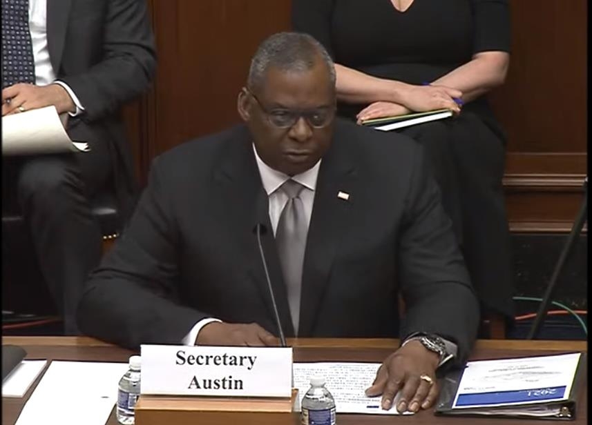The captured image shows U.S. Defense Secretary Lloyd Austin delivering opening remarks in a House Armed Services Committee hearing on the defense budget in Washington on June 23, 2021. (Yonhap)