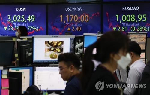 Electronic signboards at a Hana Bank dealing room in Seoul show the benchmark Korea Composite Stock Price Index (KOSPI) closed at 3,025.49 points on Oct. 27, 2021, down 23.59 points or 0.77 percent from the previous session's close. (Yonhap) 