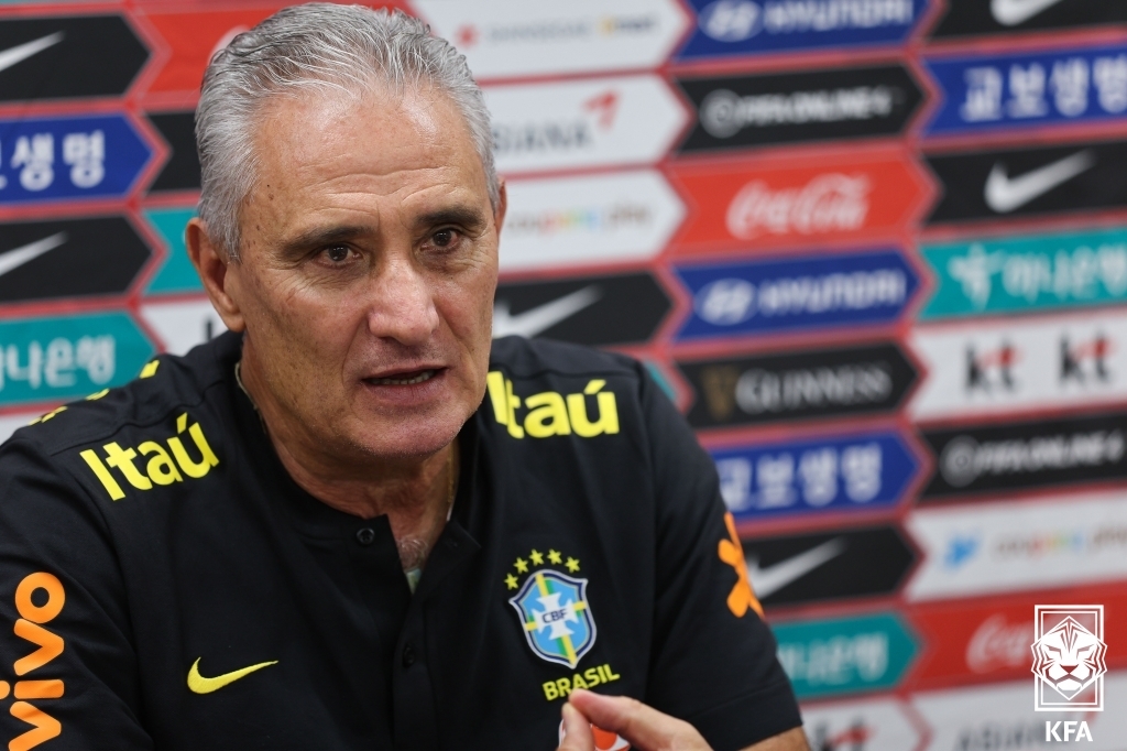 Tite, head coach of the Brazilian men's national football team, speaks during an online press conference at Seoul World Cup Stadium in Seoul on June 1, 2022, the eve of a friendly match against South Korea, in this photo provided by the Korea Football Association. (PHOTO NOT FOR SALE) (Yonhap)