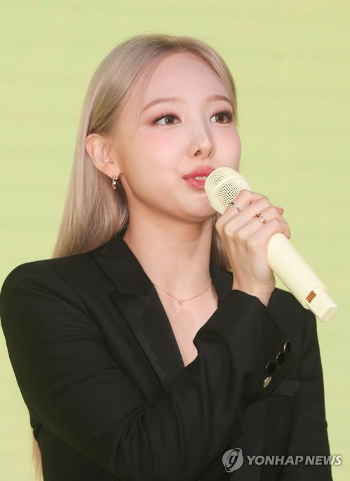 Nayeon, a member of TWICE, speaks during a press conference for her first EP as a solo artist at a Seoul hotel on June 24, 2022. (Yonhap)