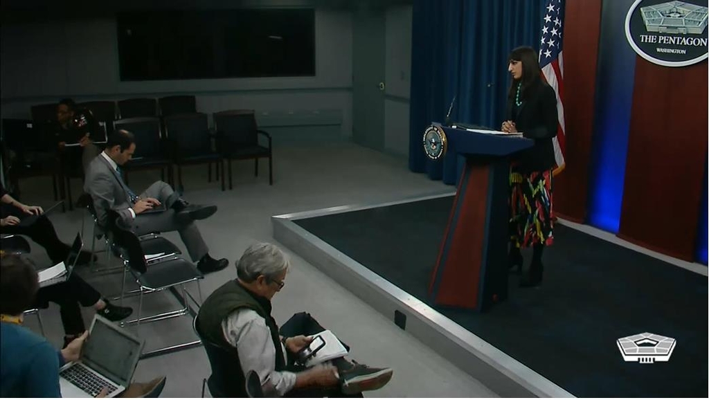 Sabrina Sing (R, at podium), deputy press secretary of the U.S. Department of Defense, is seen taking a question during a daily press briefing at the Pentagon in Washington on Nov. 22, 2022 in this image captured from the department's website. (Yonhap)