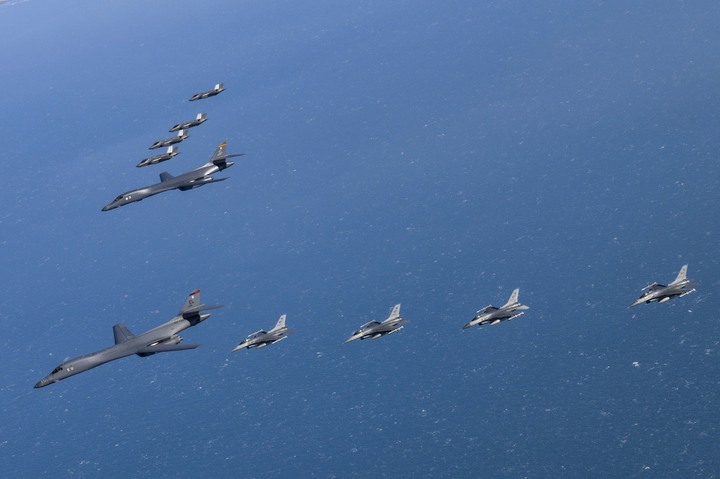 South Korean and U.S. combat aircraft engage in combined air drills over the Korean Peninsula on Feb. 19, 2023, in this photo released by the South's Joint Chiefs of Staff. (PHOTO NOT FOR SALE) (Yonhap)