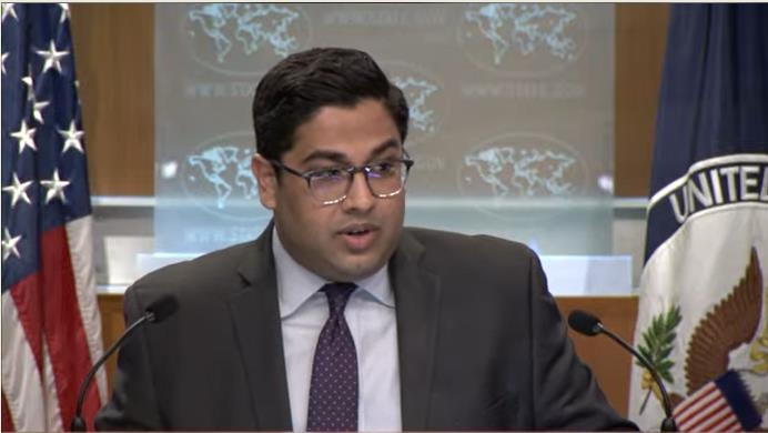 State department deputy spokesperson Vedant Patel is seen answering questions during a daily press briefing at the department in Washington on May 3, 2023 in this captured image. (Yonhap)