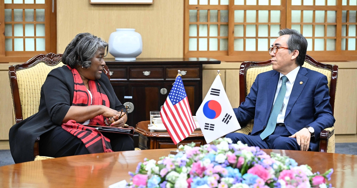 U.S. Ambassador to the United Nations Linda Thomas-Greenfield (L) speaks to Foreign Minister Cho Tae-yul during a meeting at the foreign ministry in Seoul on April 15, 2024, as provided by Cho's office. (PHOTO NOT FOR SALE) (Yonhap)