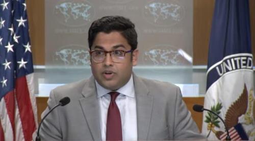 State Department deputy spokesperson Vedant Patel is seen answering questions during a daily press briefing at the department in Washington on Aug. 14, 2023 in this captured image. (PHOTO NOT FOR SALE) (Yonhap)