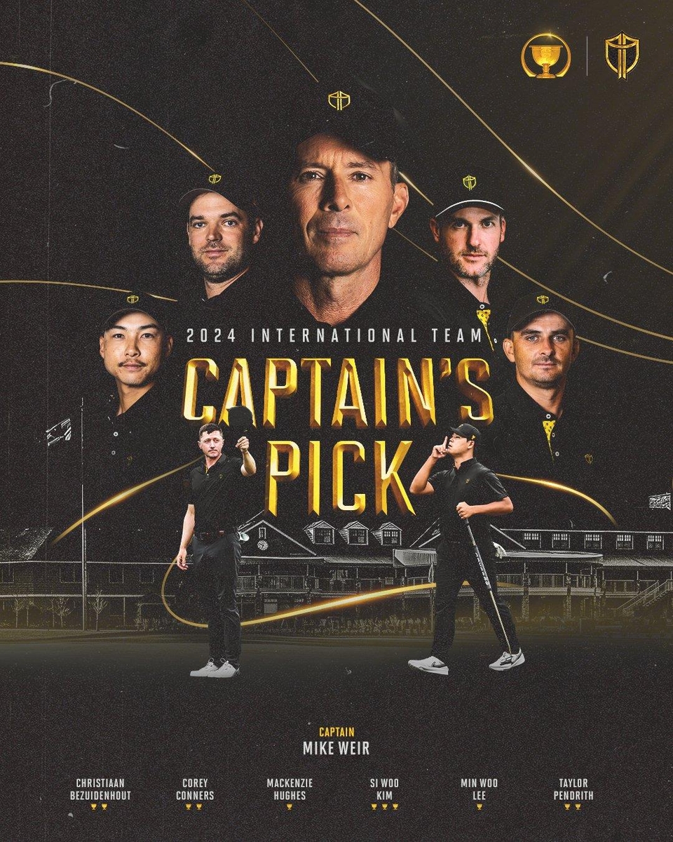 This image captured from the official X page of the Presidents Cup on Sept. 4, 2024, shows the six captain's picks and the captain for the International Team, Mike Weir. Clockwise from bottom left: Mackenzie Hughes of Canada, Min Woo Lee of Australia, Corey Conners of Canada, Weir, Taylor Pendrith of Canada, Christiaan Bezuidenhout of South Africa and Kim Si-woo of South Korea. (PHOTO NOT FOR SALE) (Yonhap)