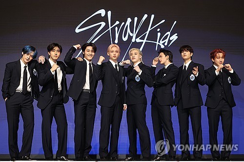 K-pop boy group Stray Kids poses during a press conference at a hotel in Seoul to mark the release of its fourth full-length album, "Karma," in this Aug. 22, 2025, file photo. (Yonhap)
