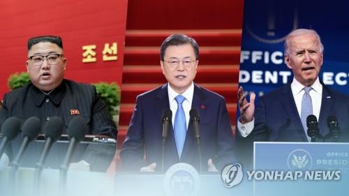 De gauche à droite : le dirigeant nord-coréen Kim Jong-un, le président Moon Jae-in et le président américain Joe Biden.