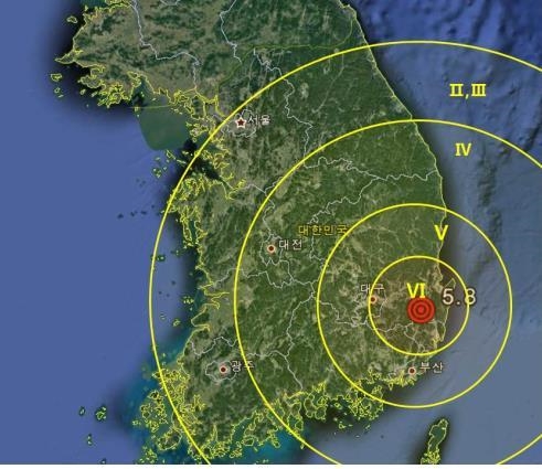 12일 발생한 경주 본진의 진도 분포도
