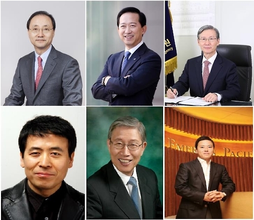 2016 자랑스런 연세상경인상 수상자들. 왼쪽 위부터 시계방향으로 최영상 ㈜메타넷 대표이사 회장, 윤용암 삼성증권 대표이사 사장, 오광성 한국사회적기업진흥원 원장, 이만규 에머슨퍼시픽㈜ 대표이사, 송자 (재)한국가이드스타 이사장, 박동우 무대미술가.