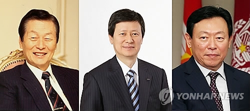 신격호 롯데 총괄회장(좌), 신동주 전 롯데홀딩스 부회장, 신동빈 롯데 회장(우)