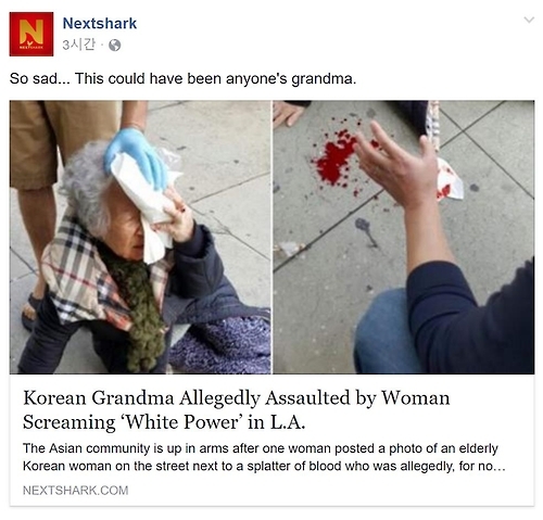 美백인 여성에 피습당한 한국 할머니 소식 알린 '넥스트샤크' 페이스북