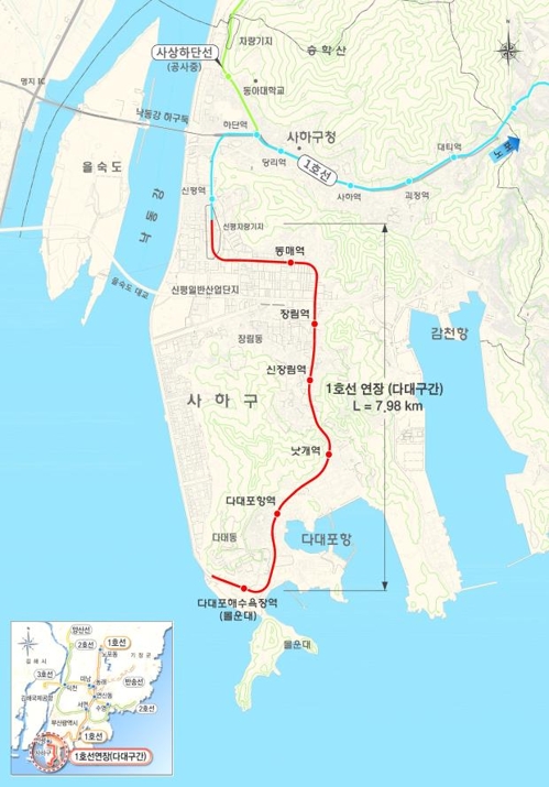 부산도시철도 1호선 다대 연장구간 노선도