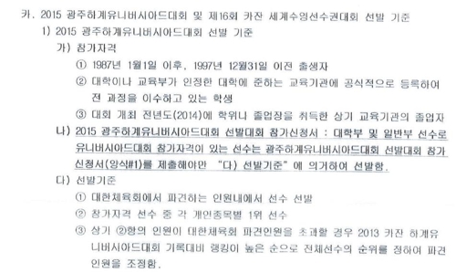 당시 수영대회에서 공개된 선발기준