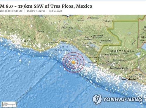 멕시코 지진 발생 지역[USGS 홈페이지 캡처]
