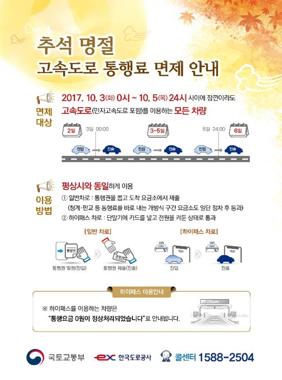 10월 3~5일 고속도로 통행료 '면제' - 1