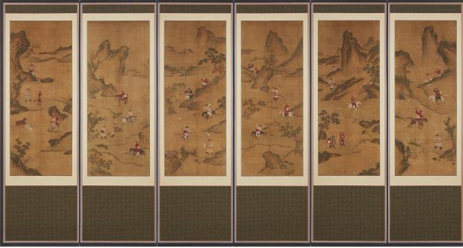 수렵도(狩獵圖), 작자미상, 비단에 수묵 채색, 각52x132cm