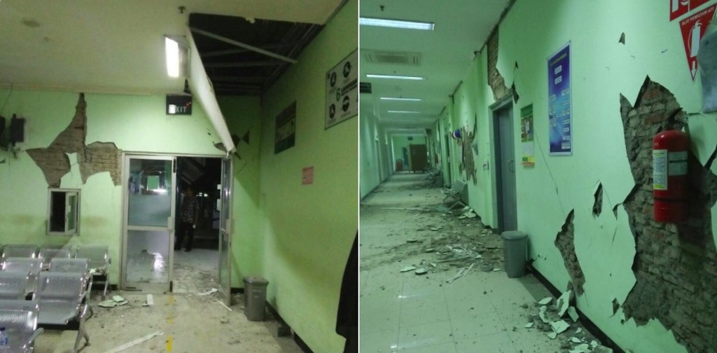 지진으로 부서진 병원 건물[트위터캡처=연합뉴스]