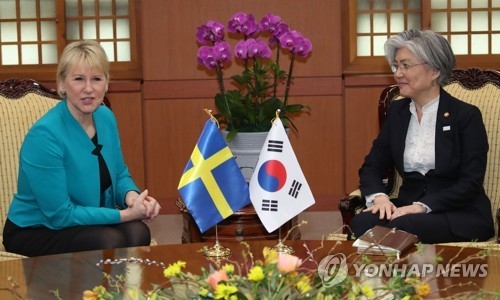 스웨덴 외교장관과 대화하는 강경화 장관 