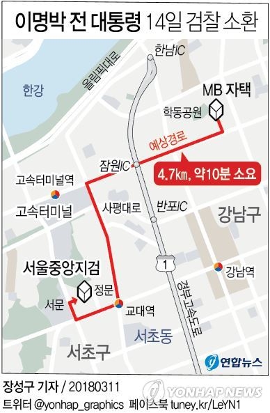 [그래픽] MB소환 D-3,자택서 중앙지검까지 예상 경로