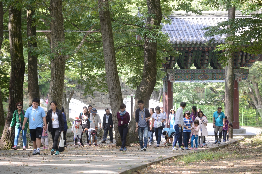 표충사길 걷는 주말 시티투어 관광객들