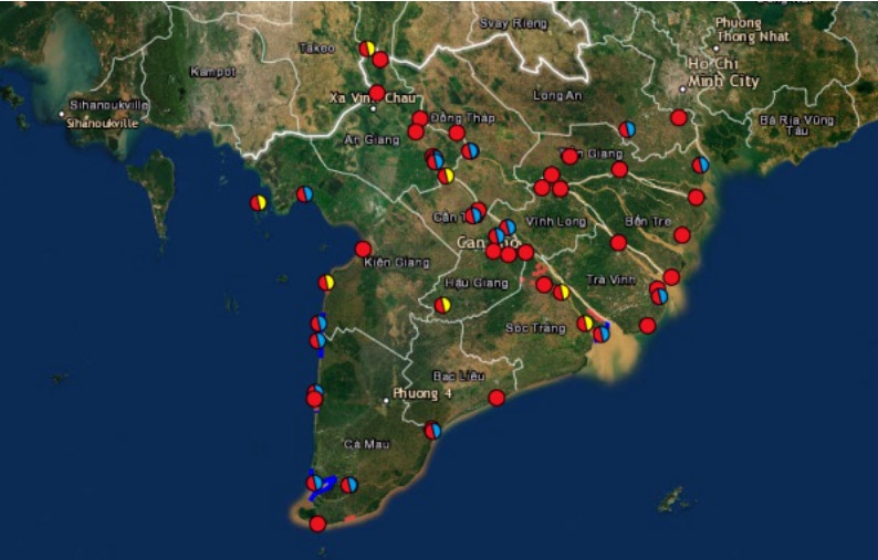 메콩 강 유역 토양침식 나타내는 온라인 지도 [VN익스프레스 캡처]