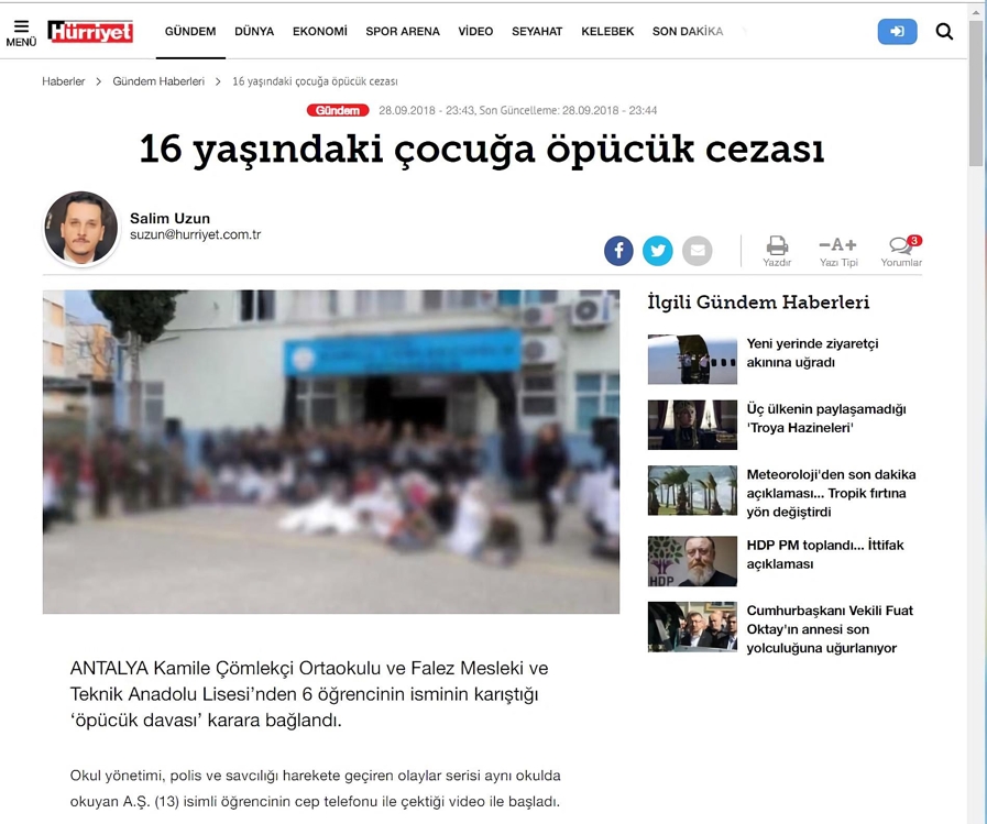 "터키 법원, 13세 여학생에 입맞춤한 16세에 징역형"