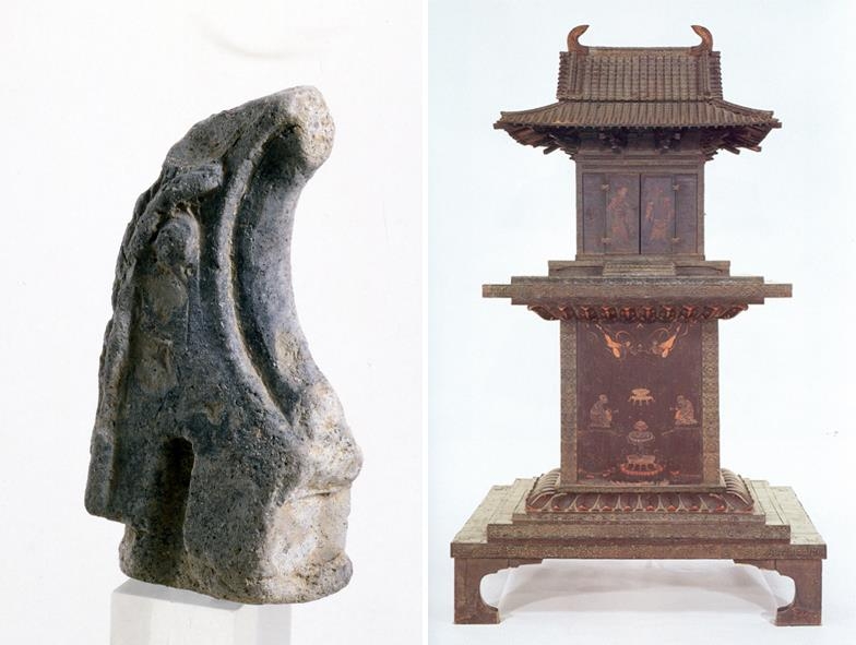 국립경주박물관 소장 높이 10.3㎝ 소형 치미(왼쪽)와 일본 옥충주자. [국립부여박물관 제공]