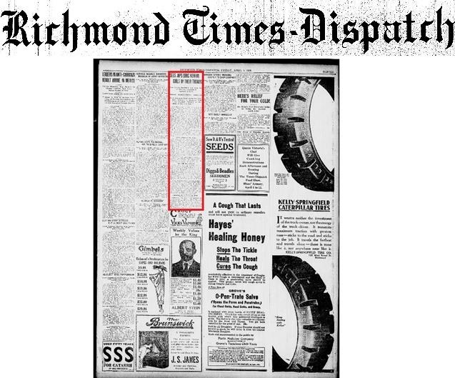리치먼드 타임스 디스패치 1919년 4월 4일자 11면 [미국 의회도서관(Library of congress) 제공]Richmond times-dispatch. (Richmond, Va), 04 April 1919. Chronicling America: Historic American Newspapers. Lib. of Congress. <https://chroniclingamerica.loc.gov/lccn/sn83045389/1919-04-04/ed-1/seq-11/>