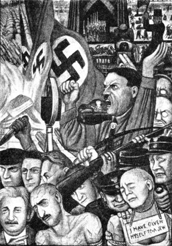 멕시코 화가 디에고 리베라가 히틀러를 그린 벽화. 배경에 히틀러를 권좌에 올려놓은 독일의 기업가와 은행가가 있다. (사진 = 오월의봄 제공)
