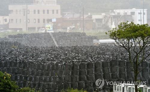 2015년 9월 10일 후쿠시마현 도미오카마치(富岡町)의 연안에 제염 폐기물을 담은 자루가 쌓여있는 모습.[교도=연합뉴스 자료사진]