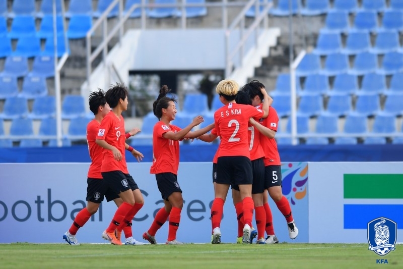 골세리머니를 펼치는 한국 U-19 여자대표팀 선수들