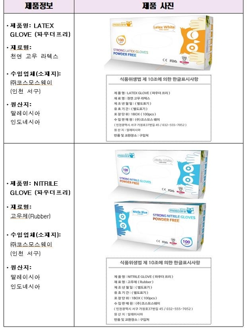 회수 대상 수입산 고무장갑