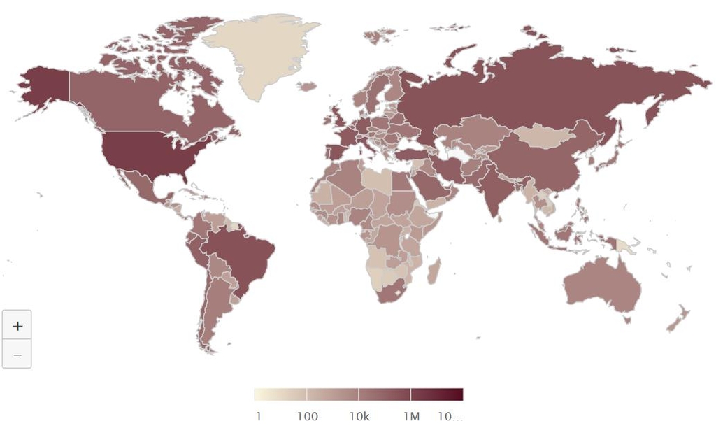 세계 코로나19 확진자 분포도(색이 진할수록 많다, 5월 23일 기준) 