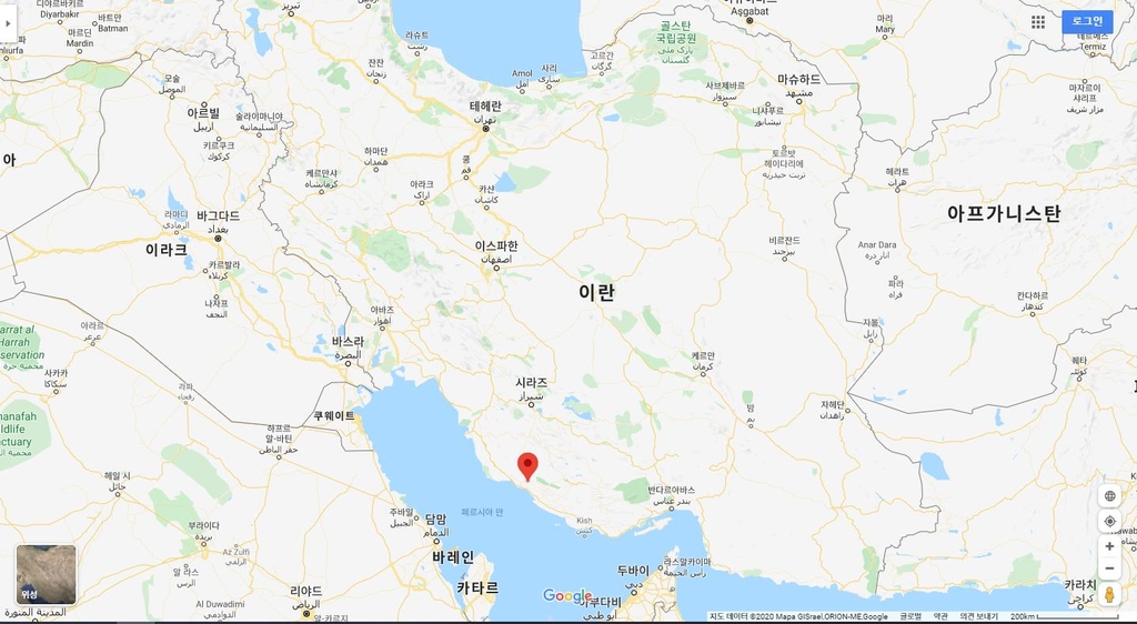 이란 부셰르주 지진(붉은 점이 진원)