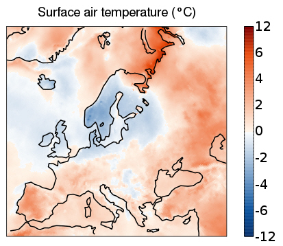 유럽의 1981년∼2010년 평균 기온과 올해 7월 평균 기온을 비교한 그래픽
