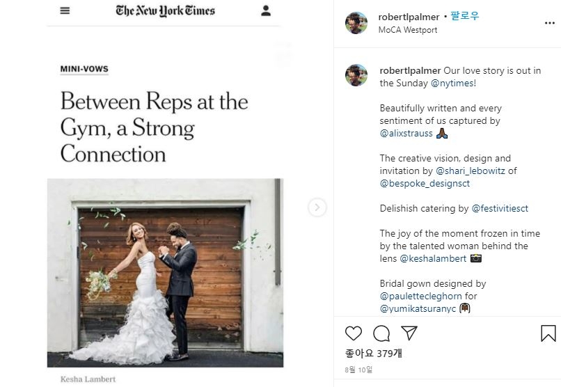 니키나 모레노의 전 남편 로버트가 인스타그램을 통해 자신과 새 아내 로렌의 결혼 사연을 소개한 뉴욕타임스 글을 공유한 게시글 [로버트 팔머 인스타그램 갈무리. 재판매 및 DB 금지]